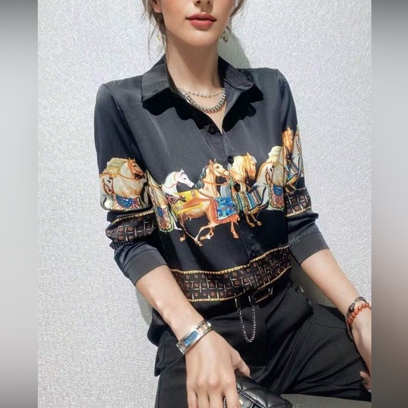 Tops - Black Button-Down Shirt with Equestrian Horse Print